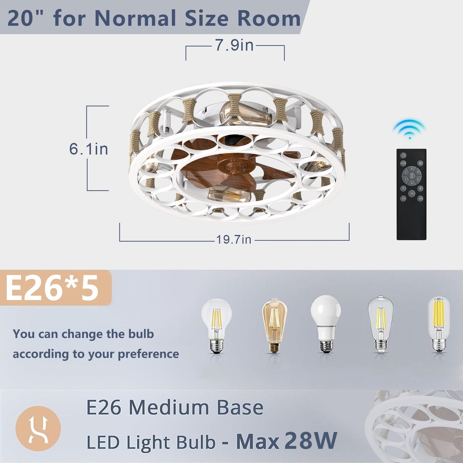 Caged Ceiling Fan with Lights Remote Control,Semi -embedded Modern