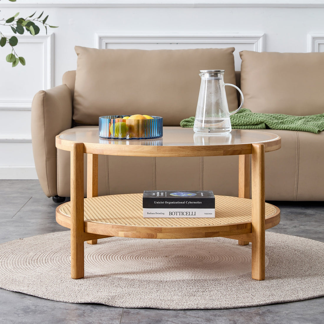 Modern simple circular double-layer solid wood tea table rattan woven
