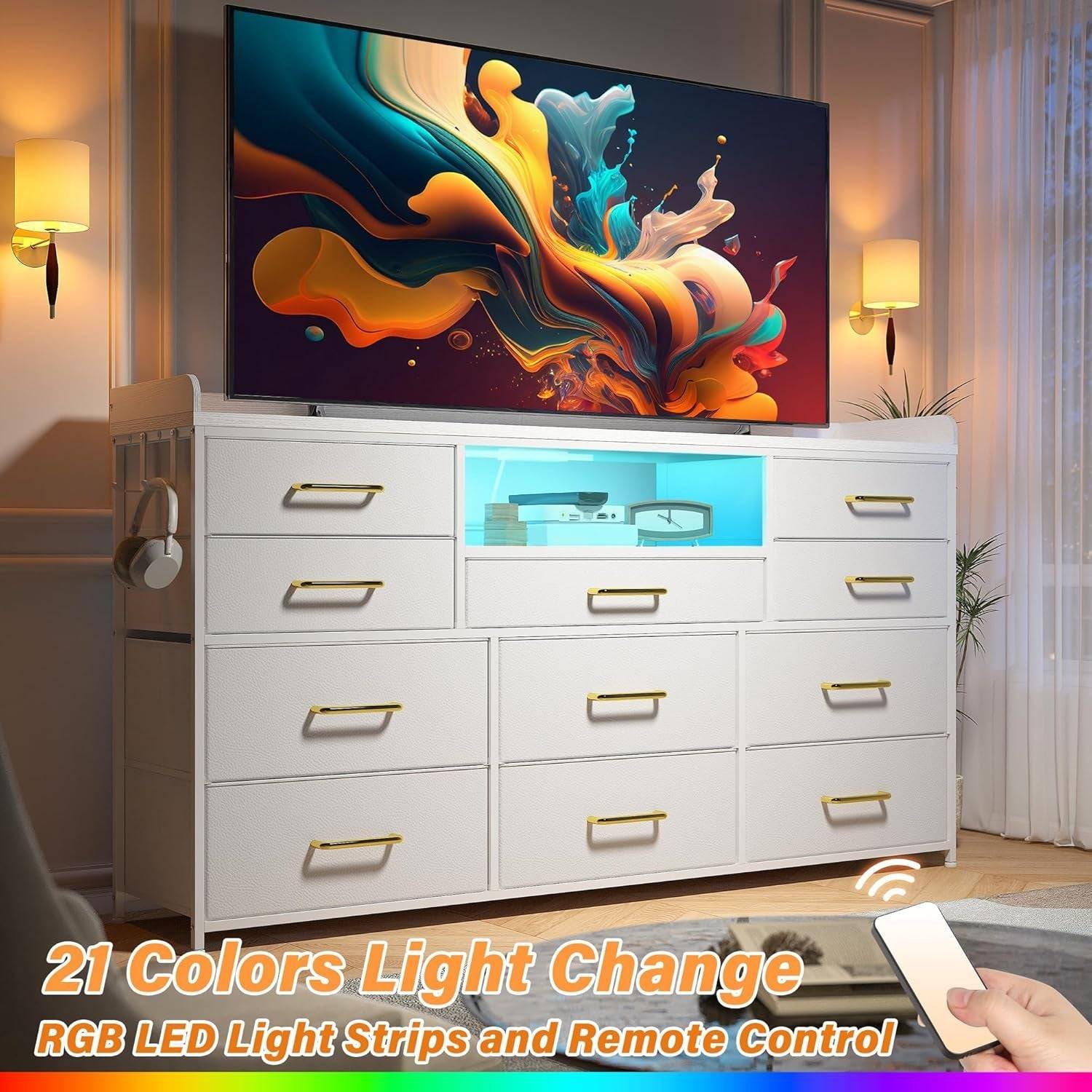 Dresser TV Stand with 11 Drawers for 60&quot; TV Stand for Bedroom with LED
