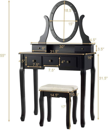 Black Vanity Dressing Table Set with Rotating Mirror