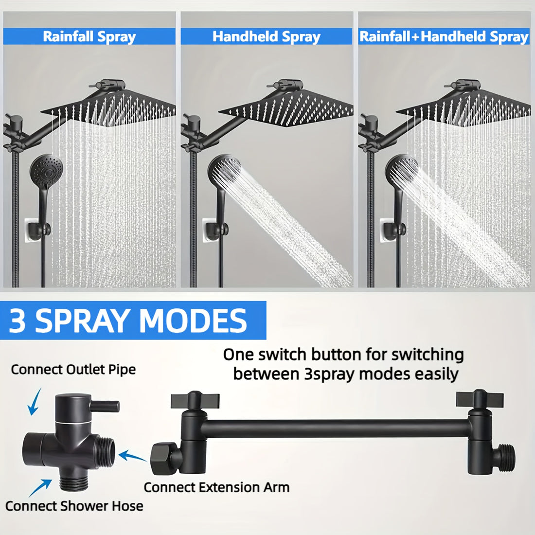 [8 Inch High Pressure Shower] 1set Shower Head Combo, 8 Inch High Pressure Rain Shower Head, With 11 Inch Adjustable Extension Arm And 5 Settings Handheld Shower Head Combo, Rain Shower Head With Handheld Sprayer, Bathroom Ac