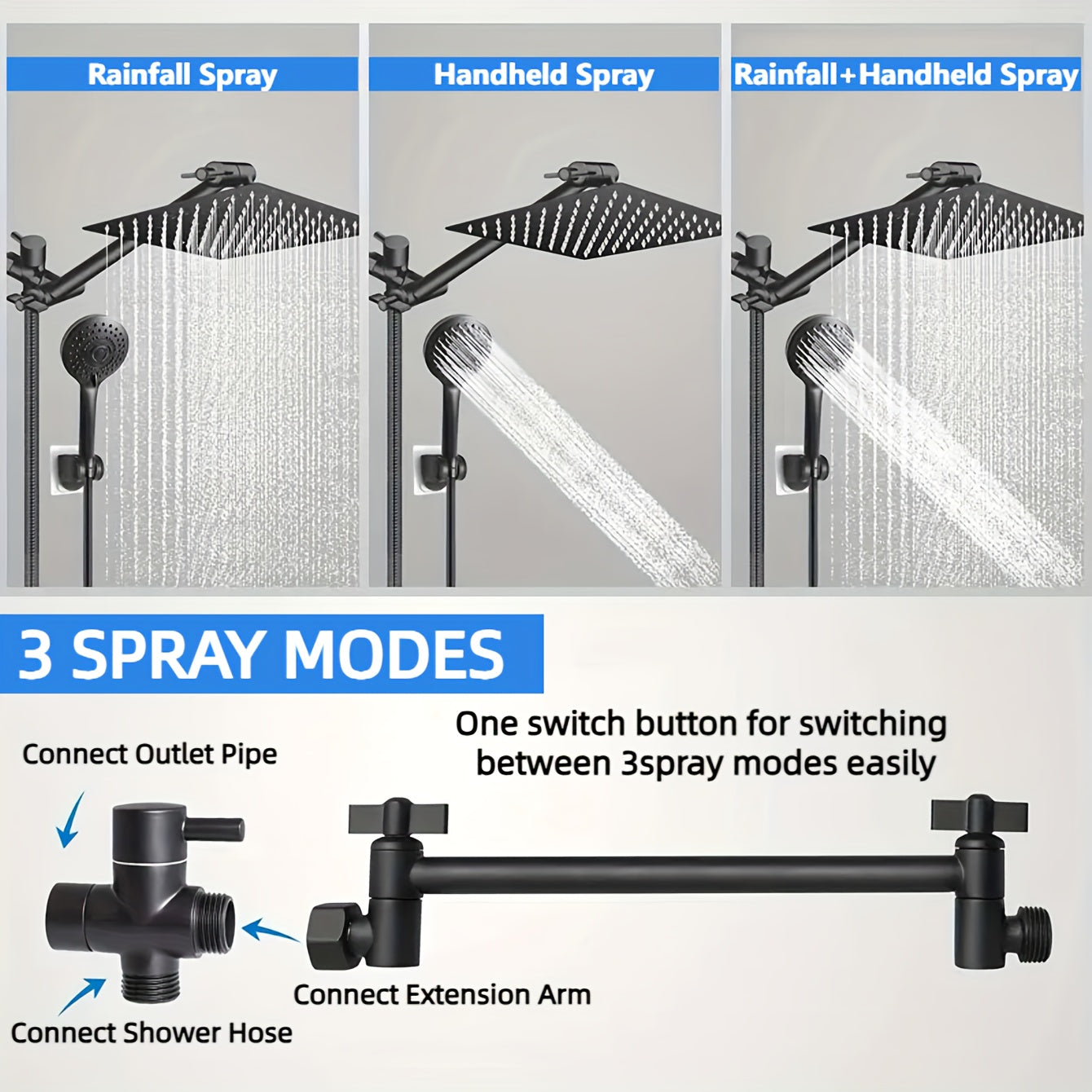 [8 Inch High Pressure Shower] 1set Shower Head Combo, 8 Inch High Pressure Rain Shower Head, With 11 Inch Adjustable Extension Arm And 5 Settings Handheld Shower Head Combo, Rain Shower Head With Handheld Sprayer, Bathroom Ac