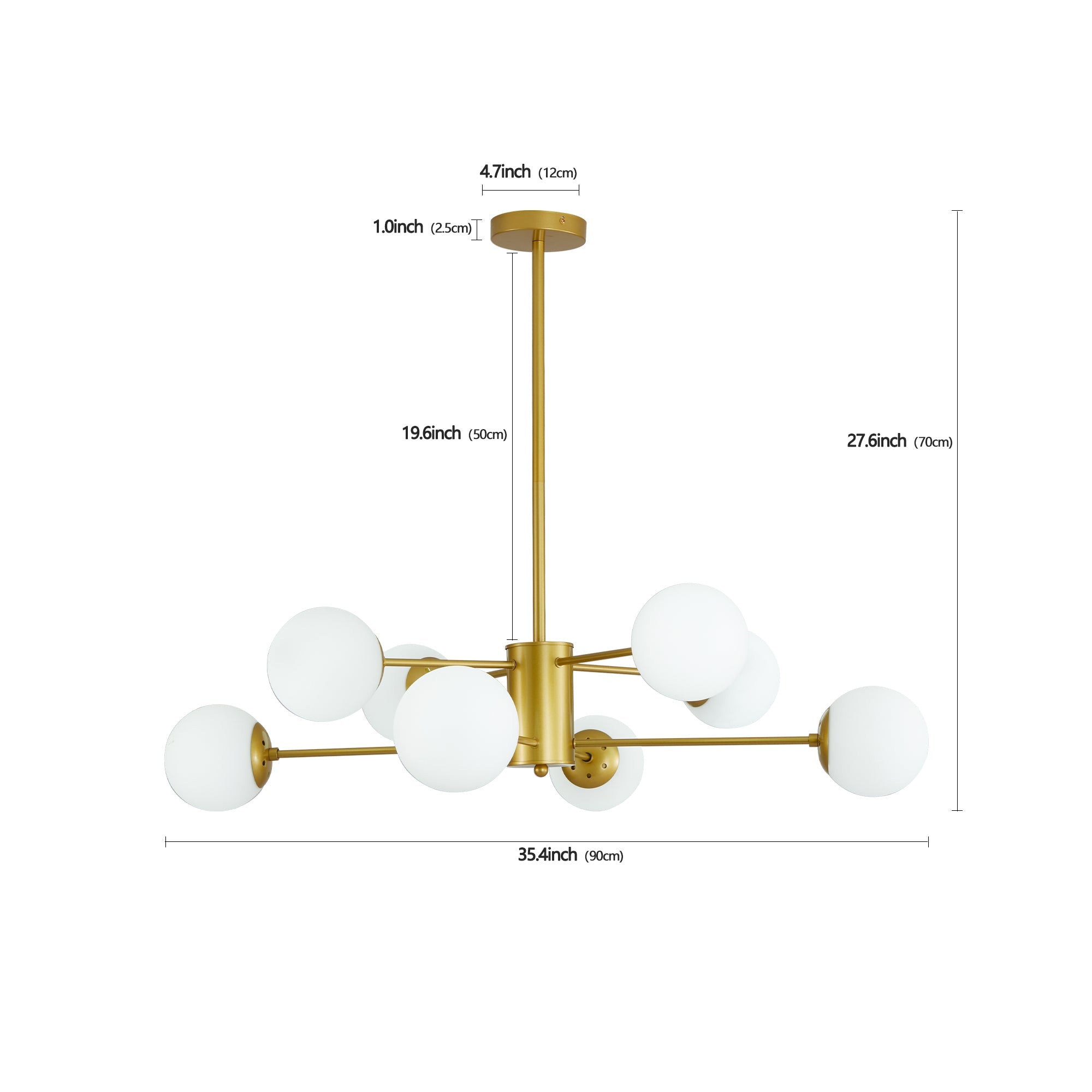 Modern 8-Light Gold Chandelier with White Glass Globe Shades,
