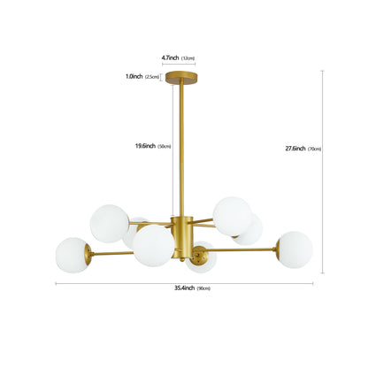 Modern 8-Light Gold Chandelier with White Glass Globe Shades,