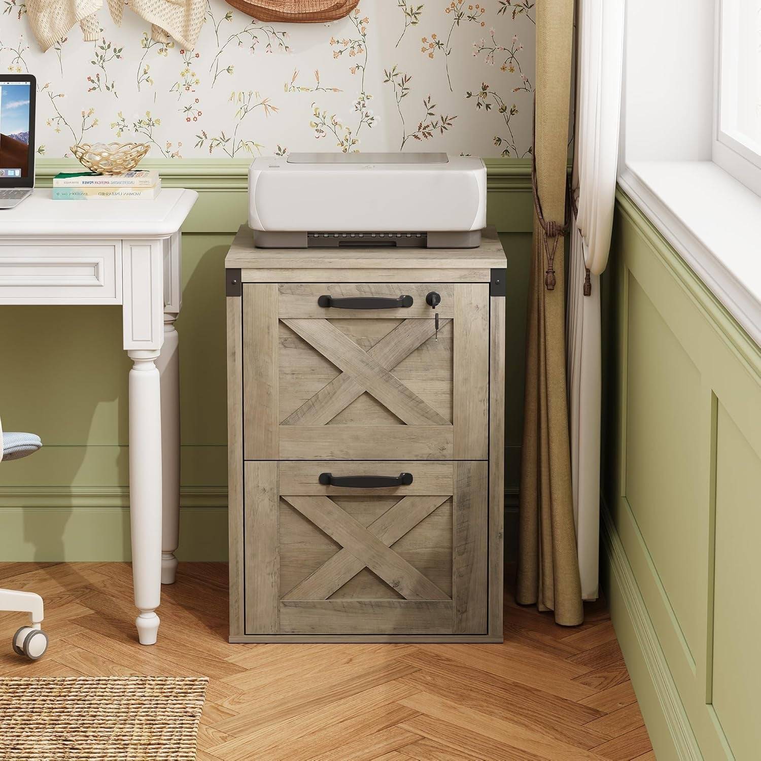 2 Drawer File Cabinet with Lock, Wood Farmhouse Filing Cabinet for