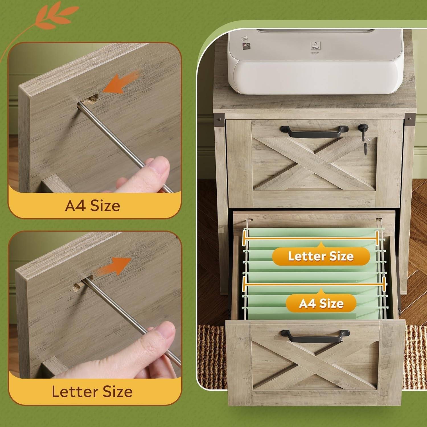2 Drawer File Cabinet with Lock, Wood Farmhouse Filing Cabinet for