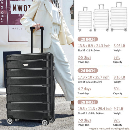 Hardshell Luggage Set 3 Piece, Durable ABS+PC Travel Suitcase with