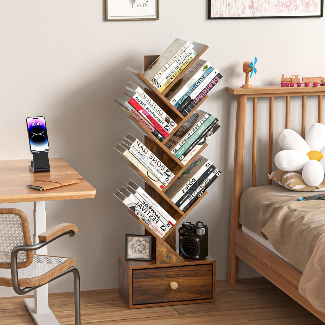 8 Tier Tree Bookshelf with Drawer, Free Standing Wood Bookcase for