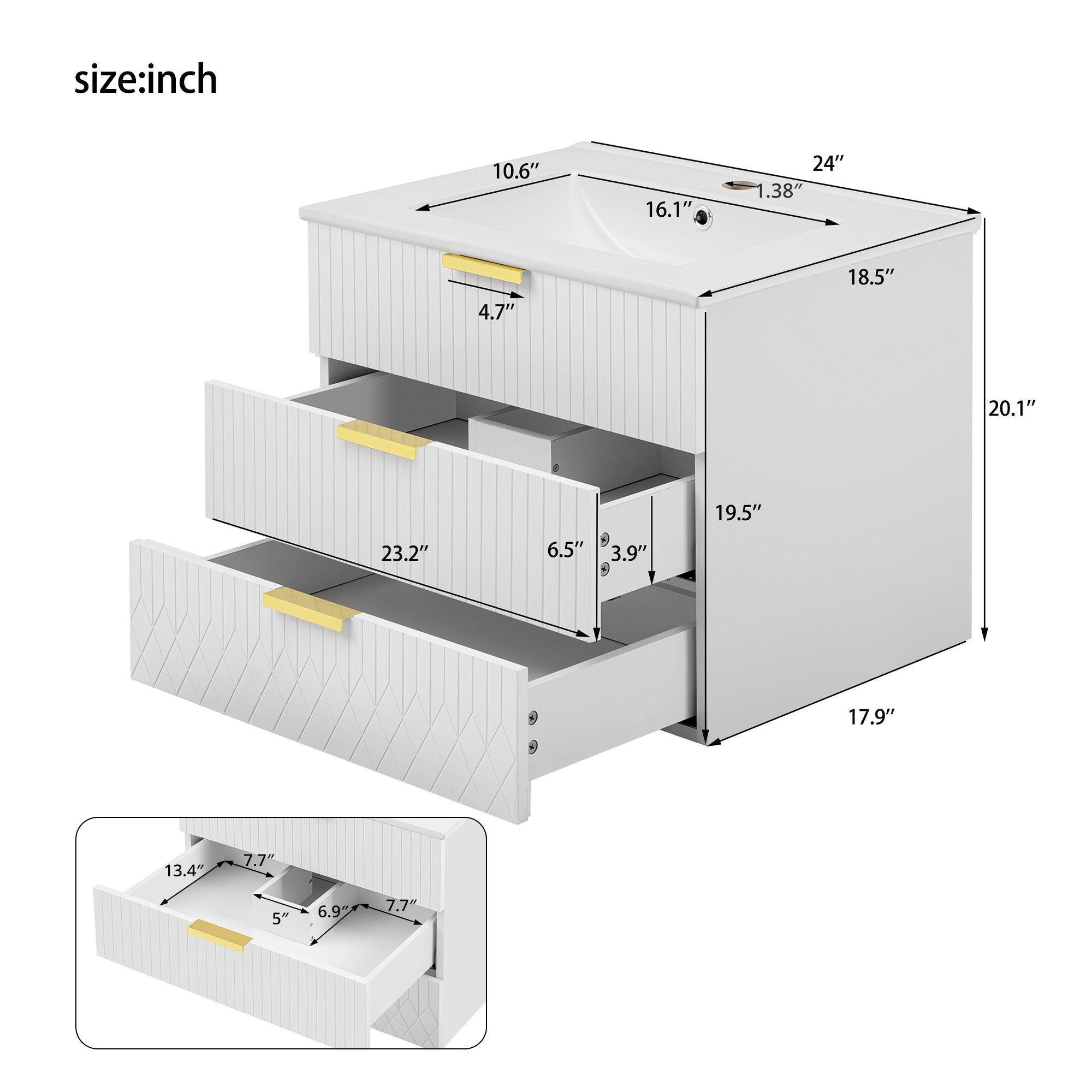 24inch Wall Mounted Floating Cabinet w/Side Cabinet Combo, Rectangular