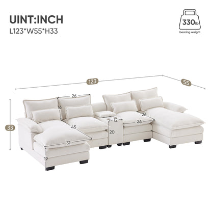 123*55" Modern U-shaped Sofa with Console,Cupholders and USB