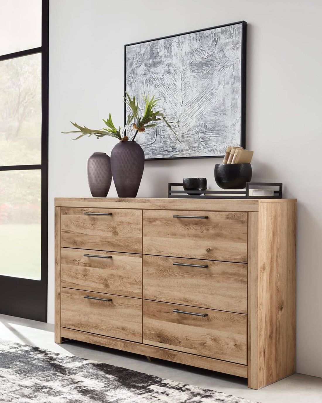Hyanna Mid-Century Modern 6 Drawer Dresser, Light Brown &amp; Beige