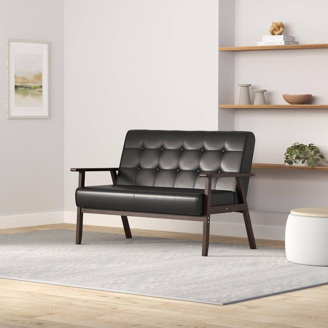 Mid-Century Modern Solid Loveseat Sofa Upholstered Faux Leather Couch