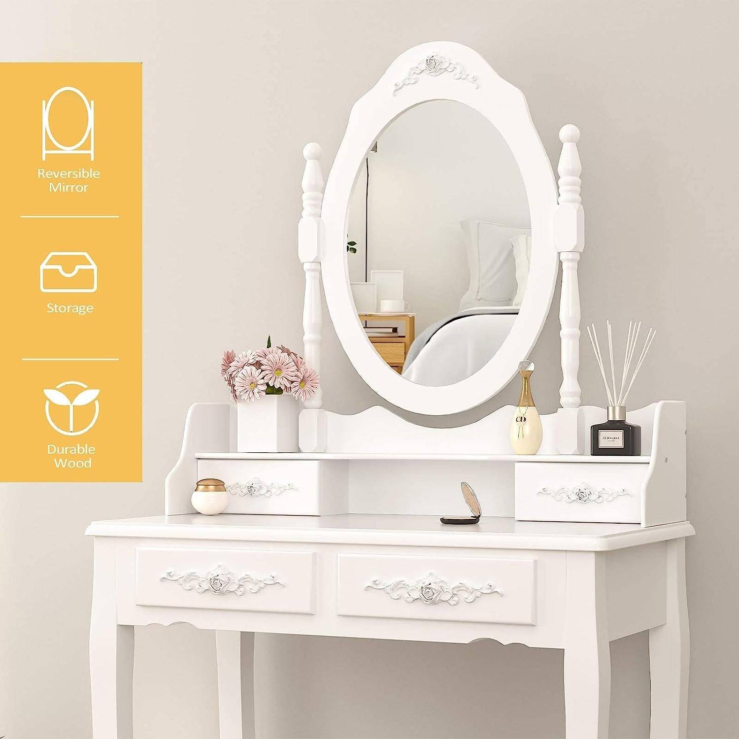 Wood Makeup Vanity Set with Mirror &amp; Stool