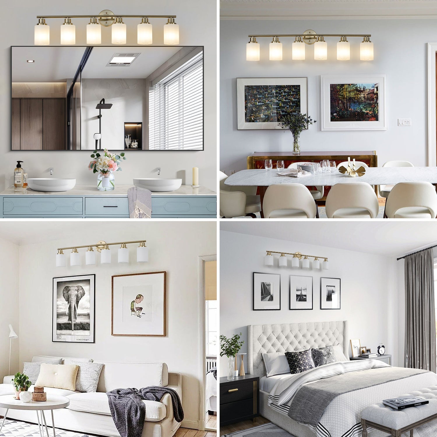 6-Light Golden Bathroom Vanity Light Fixture, Frosted Glass Shades,