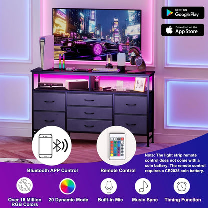 Black Dresser for Bedroom with Power Outlets and LED Lights, 55 Inch