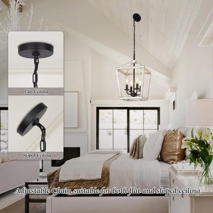 4 Light Rustic Chandelier, Farmhouse Lantern Fixture with Brushed