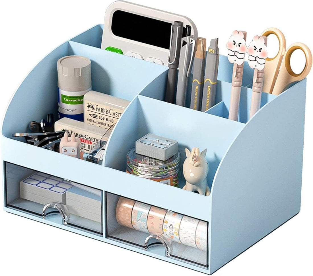 Blue 6-Compartment Desk Organizer with 2 Drawers