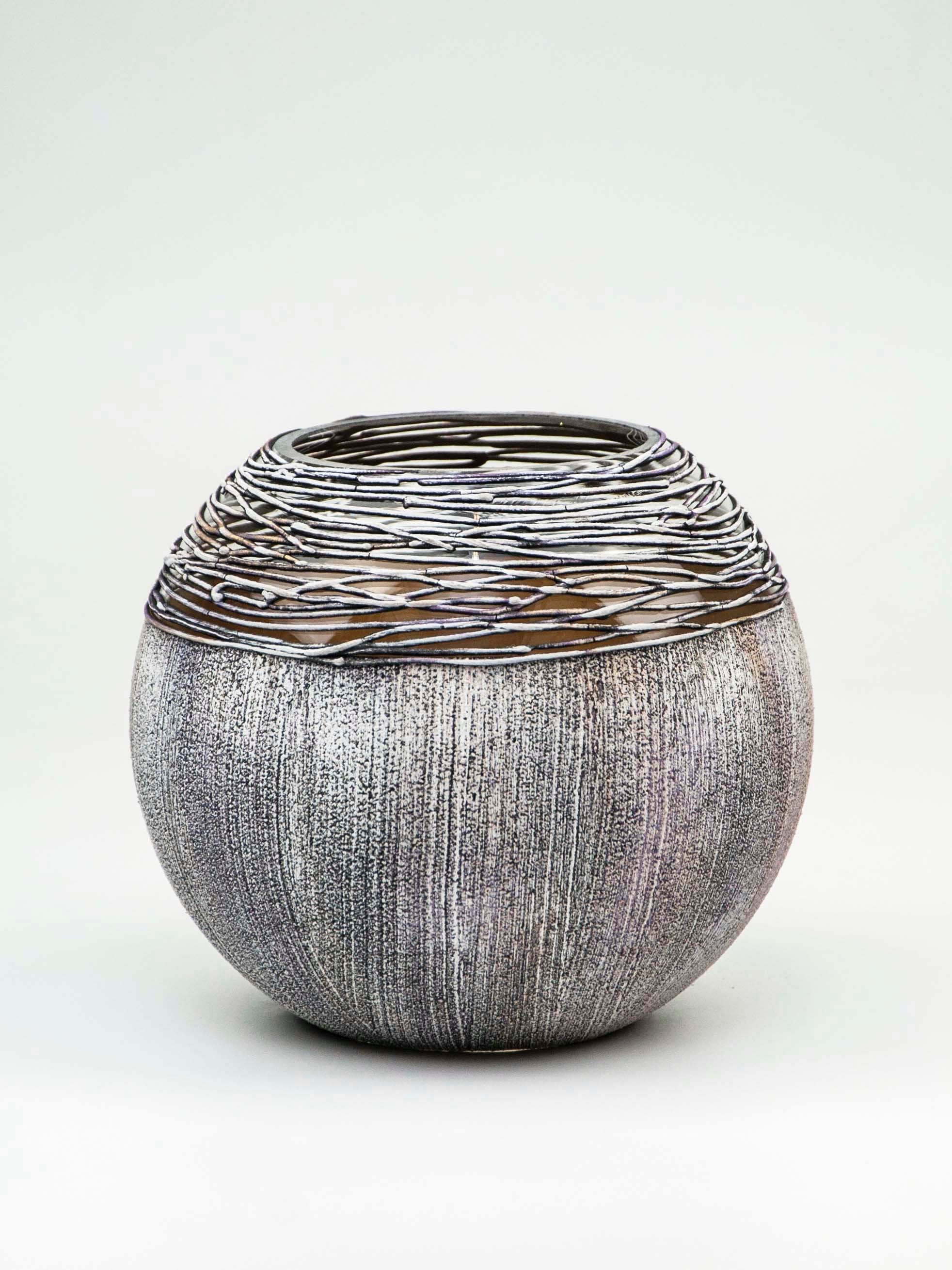 Art Decorated Gray Glass Vase for Flowers | Painted Art Glass Round Va