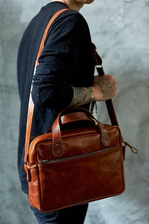 Leather Laptop Documents Bag for Men, Shoulder Zipper Bag, Gifts for