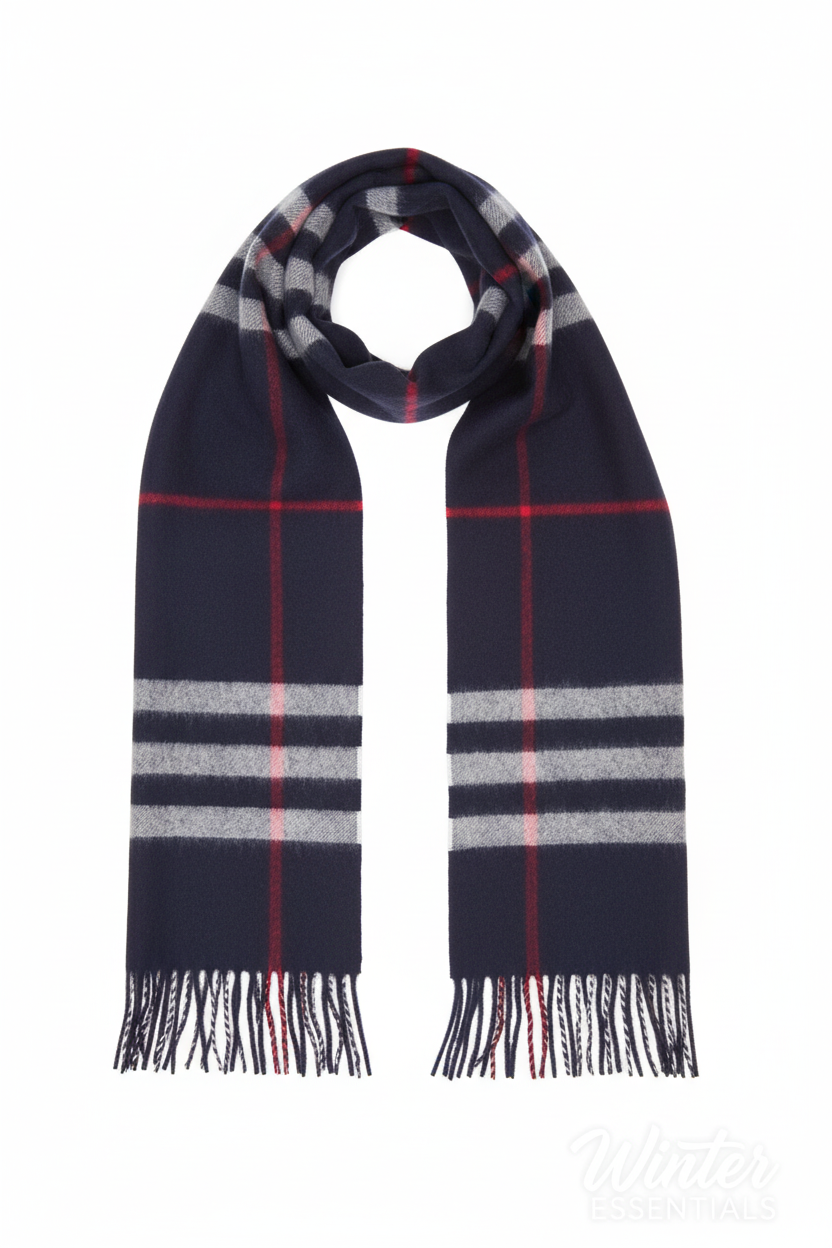 Blue Plaid Scarf Ultra Plush Pashmina Wool Blend 6ft Long Unisex Navy