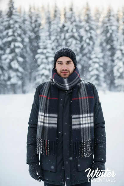 Blue Plaid Scarf Ultra Plush Pashmina Wool Blend 6ft Long Unisex Navy