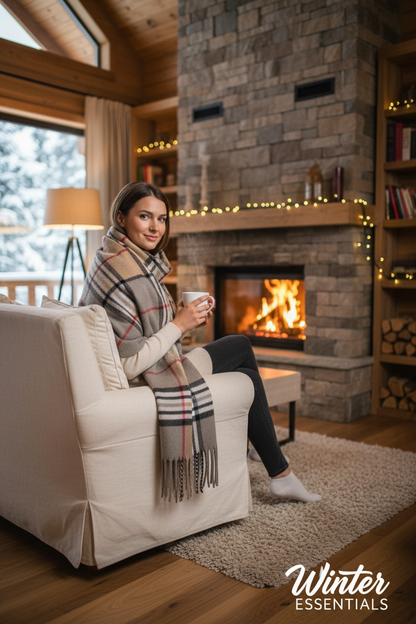 Gray Plaid Scarf Ultra Plush Pashmina Wool Blend 6ft Long Unisex Grey