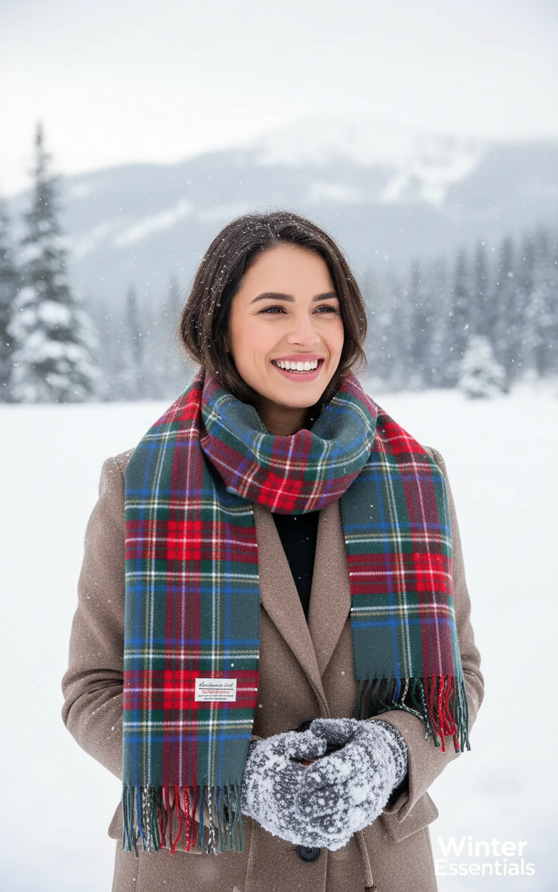 Cashmere Feel Plaid Scarf - Grey &amp; Red Tartan with Tassel Fringe -