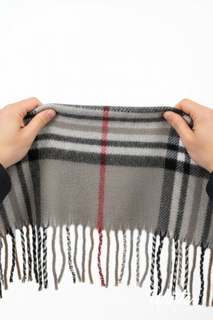 Gray Plaid Scarf Ultra Plush Pashmina Wool Blend 6ft Long Unisex Grey