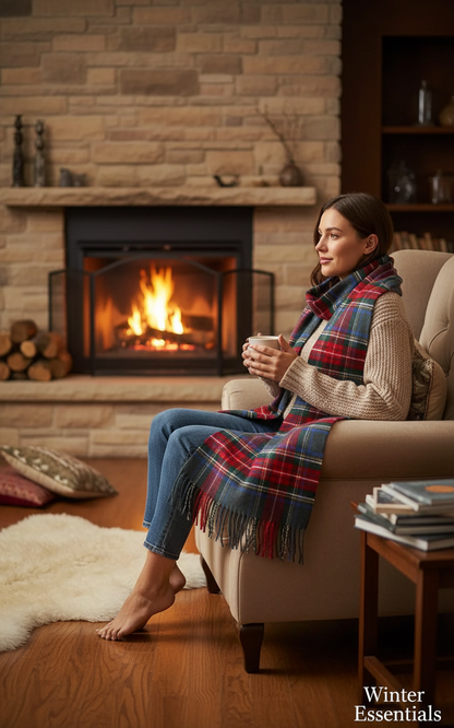 Cashmere Feel Plaid Scarf - Grey &amp; Red Tartan with Tassel Fringe -