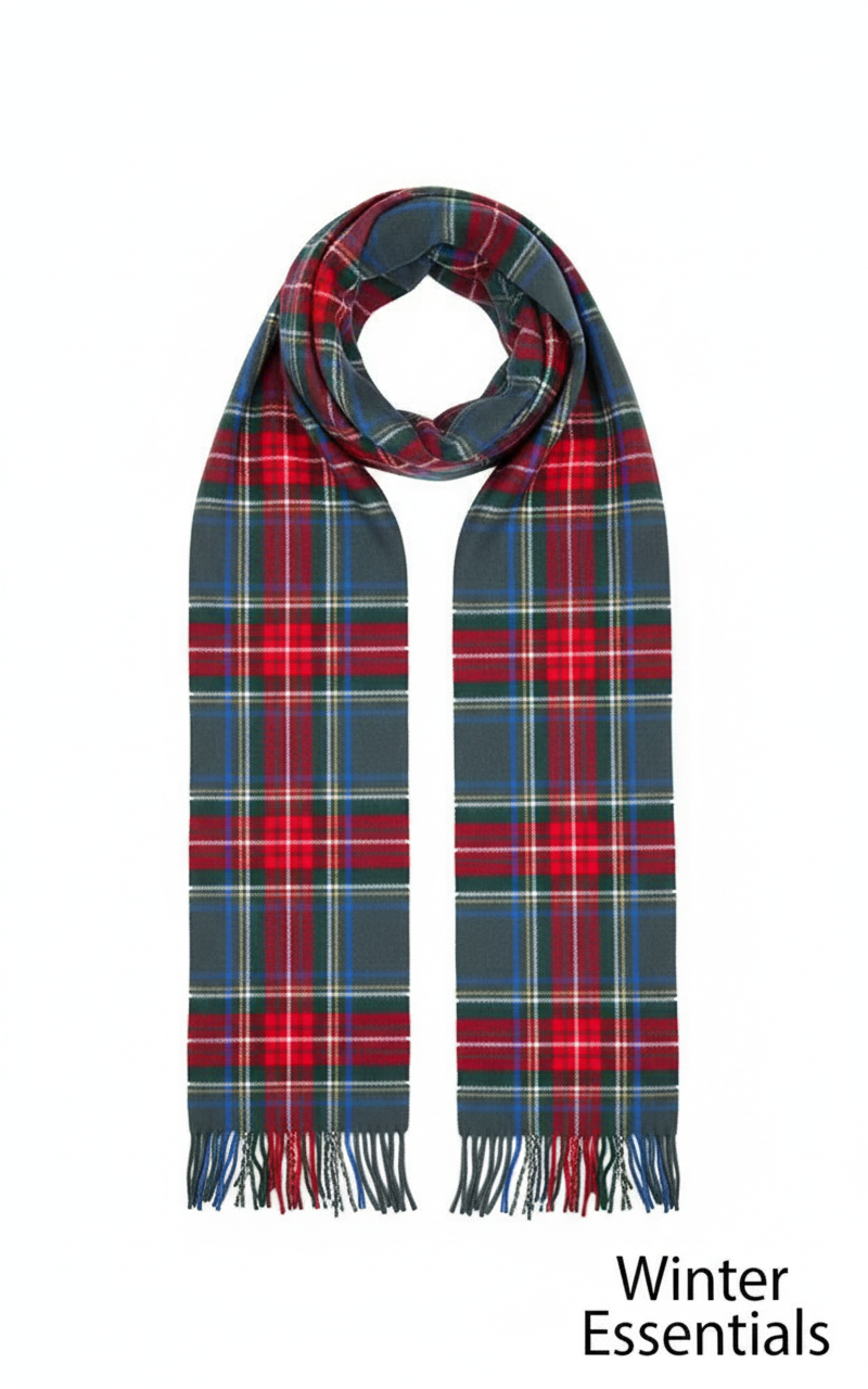 Cashmere Feel Plaid Scarf - Grey &amp; Red Tartan with Tassel Fringe -