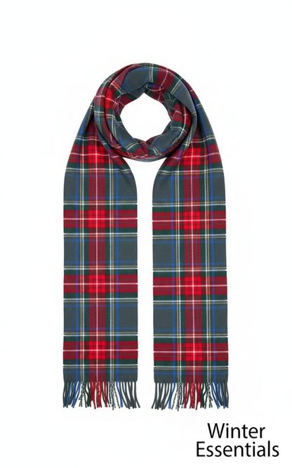Cashmere Feel Plaid Scarf - Grey &amp; Red Tartan with Tassel Fringe -