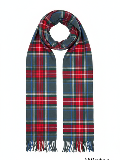 Cashmere Feel Plaid Scarf - Grey & Red Tartan with Tassel Fringe -
