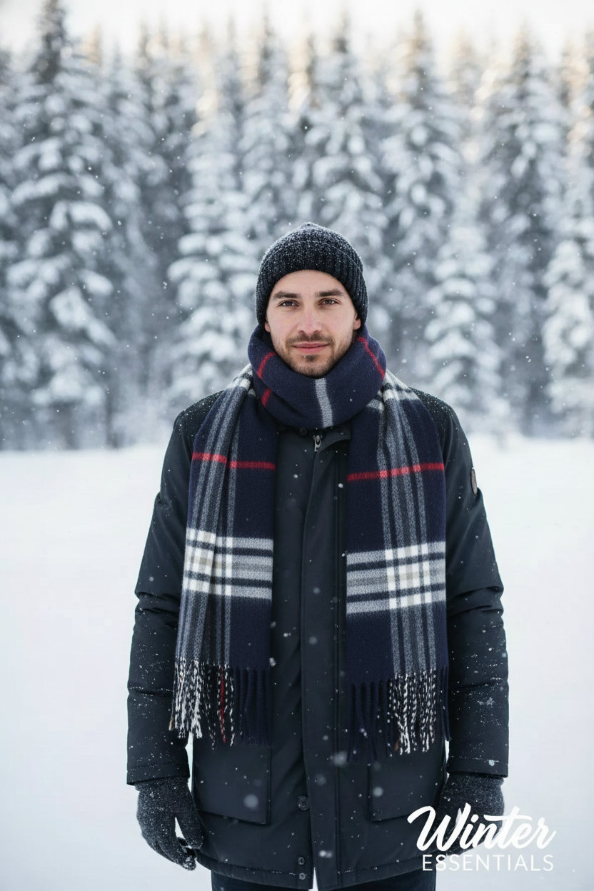 Blue Plaid Scarf Ultra Plush Pashmina Wool Blend 6ft Long Unisex Navy