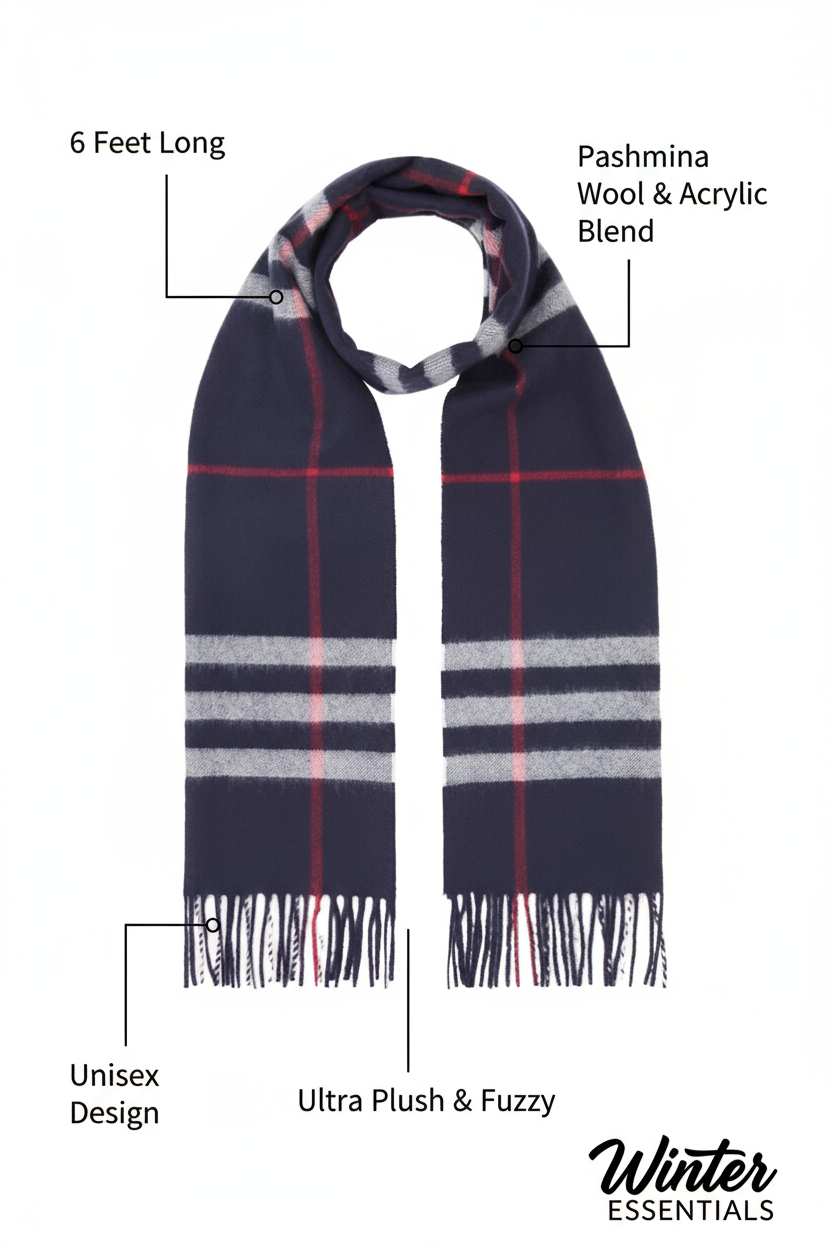 Blue Plaid Scarf Ultra Plush Pashmina Wool Blend 6ft Long Unisex Navy