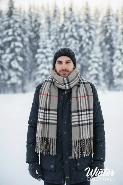 Gray Plaid Scarf Ultra Plush Pashmina Wool Blend 6ft Long Unisex Grey