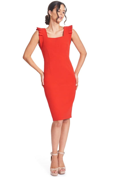 Monarch Dress - Red Midi Sheath Dress with Pleated Shoulder Detail &amp;