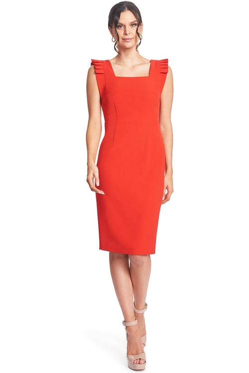 Monarch Dress - Red Midi Sheath Dress with Pleated Shoulder Detail &amp;