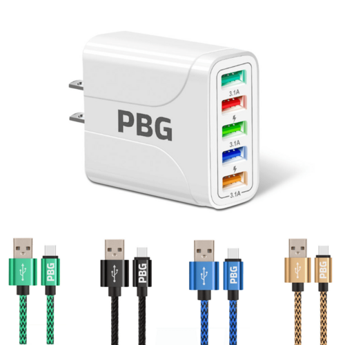PBG 5-Port LED Wall Charger &amp; 4 XL 10FT iPhone Charging Cables