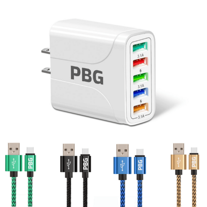 PBG 5-Port LED Wall Charger &amp; 4 XL 10FT iPhone Charging Cables