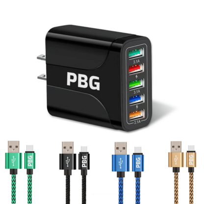 PBG 5-Port LED Wall Charger &amp; 4 XL 10FT iPhone Charging Cables