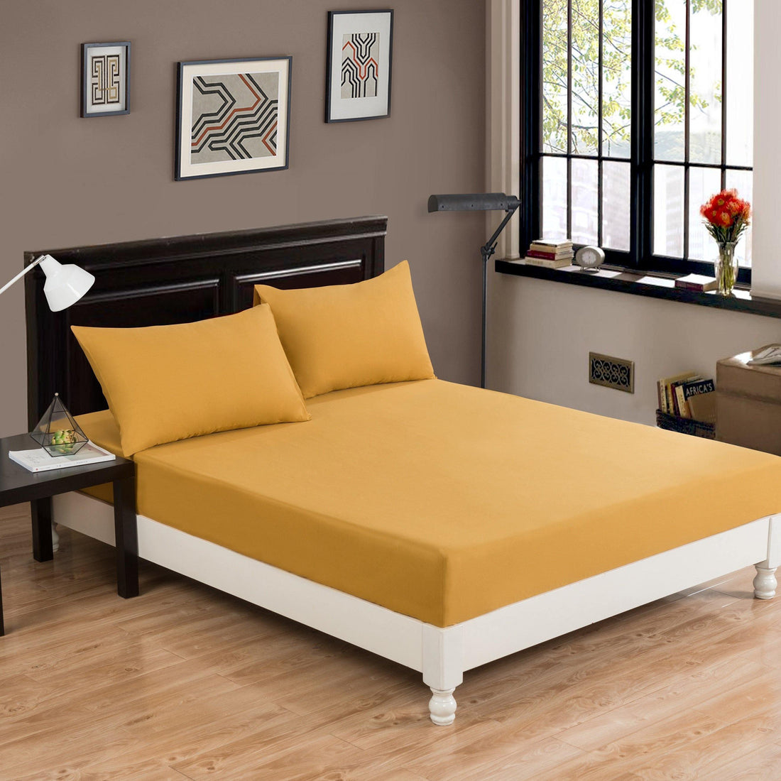 DaDa Bedding Honey Yellow Poplin Cotton Fitted Sheet w/ Pillow Cases