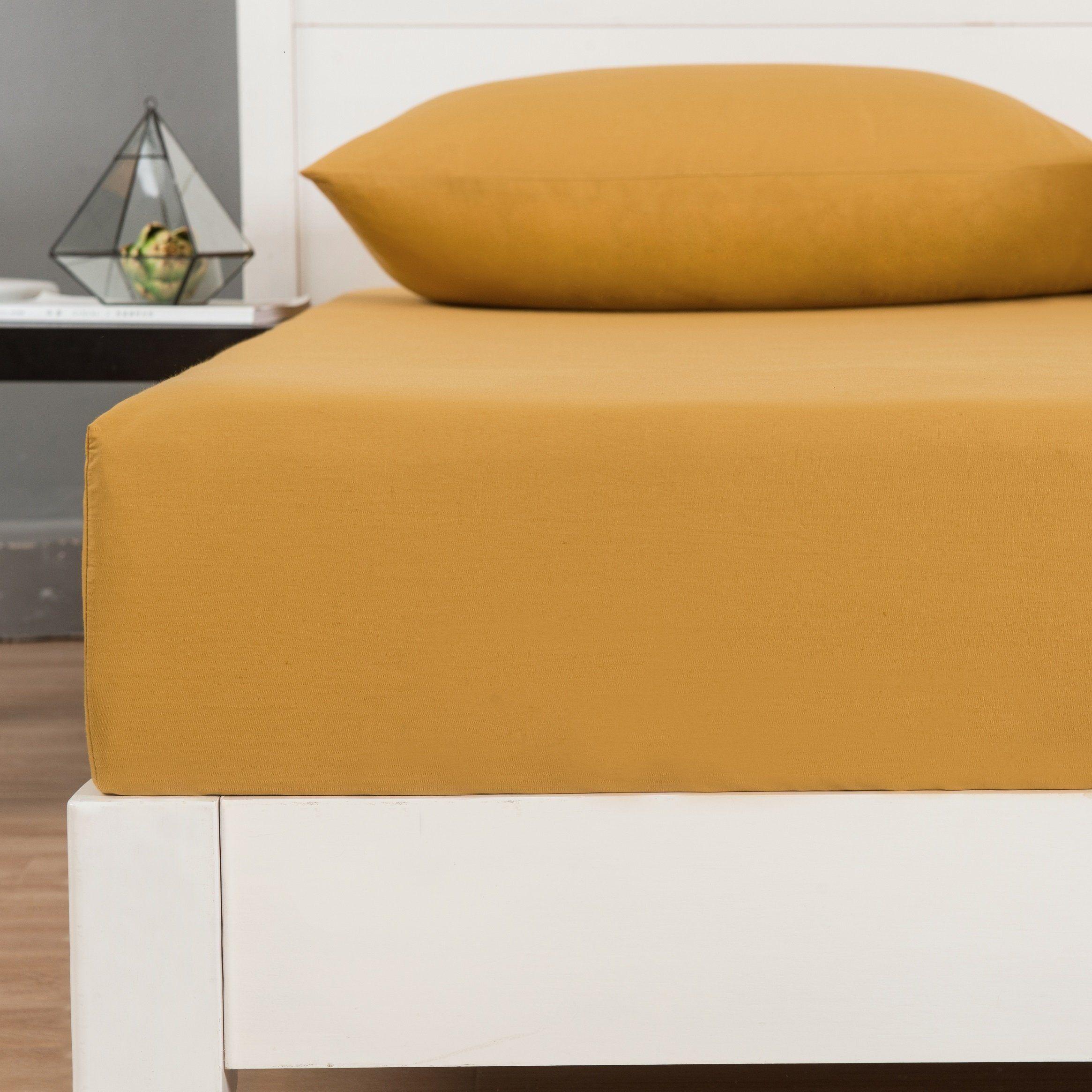 DaDa Bedding Honey Yellow Poplin Cotton Fitted Sheet w/ Pillow Cases