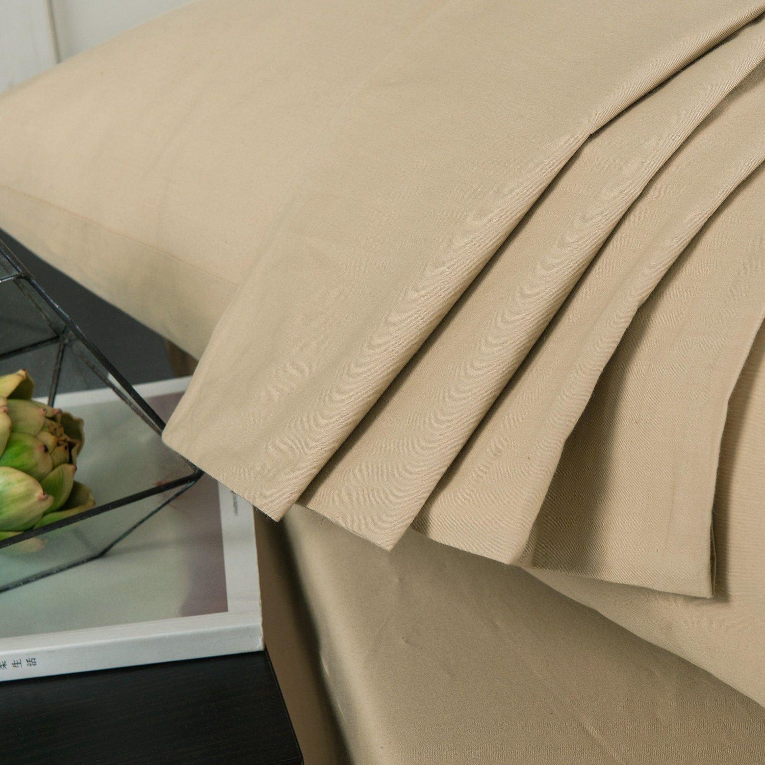 DaDa Bedding Luxury Soft Cotton Beige Fitted Bed Sheet &amp; Pillow Cases