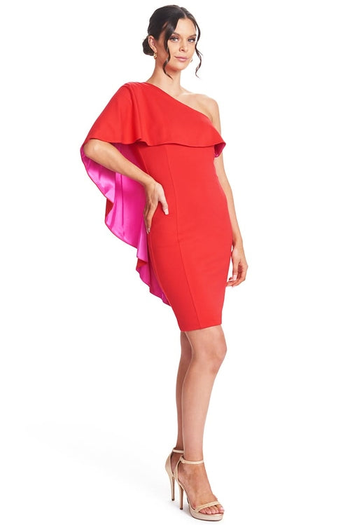 Shero Asymmetric Cape Dress - Red Bodycon Cocktail Dress with Contrast