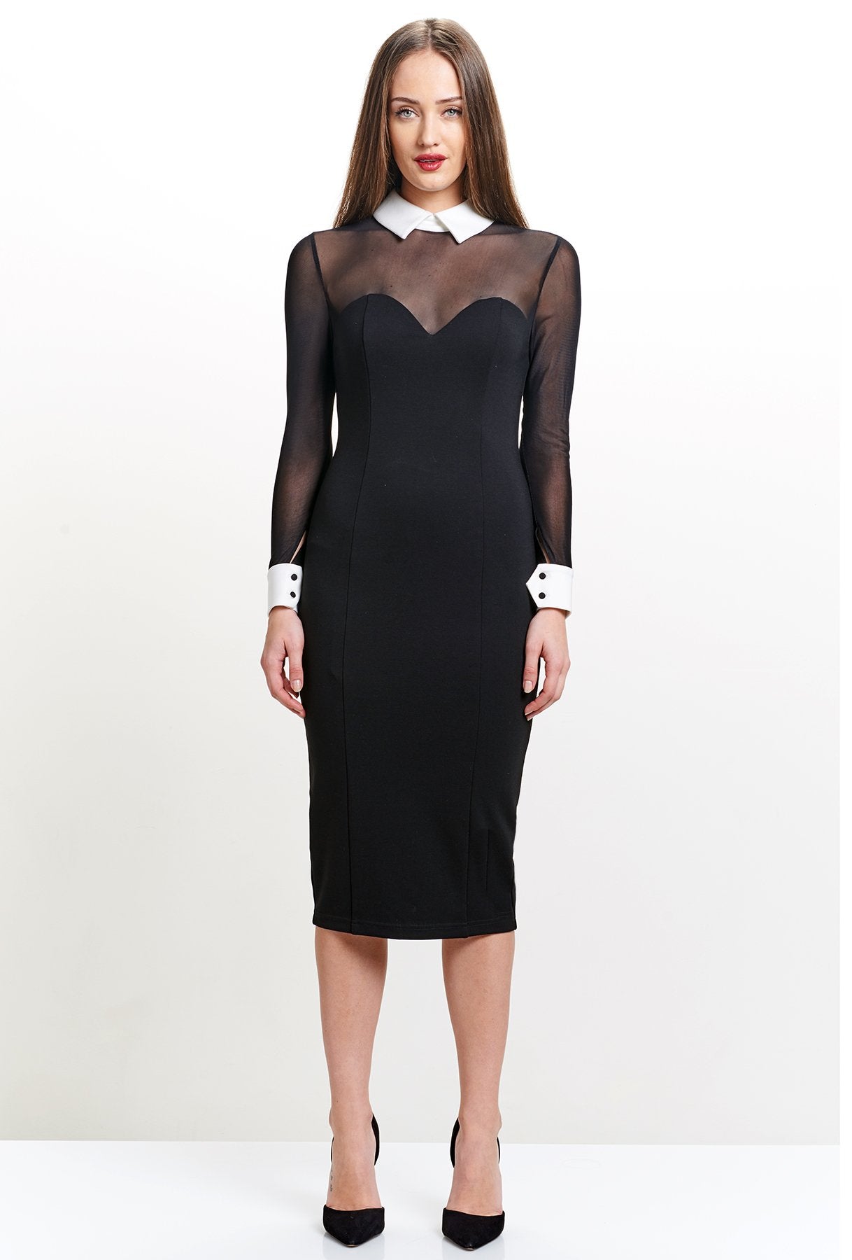 Tuxedo Illusion Sheath Dress - Long Sleeve Midi Dress, Black &amp; White