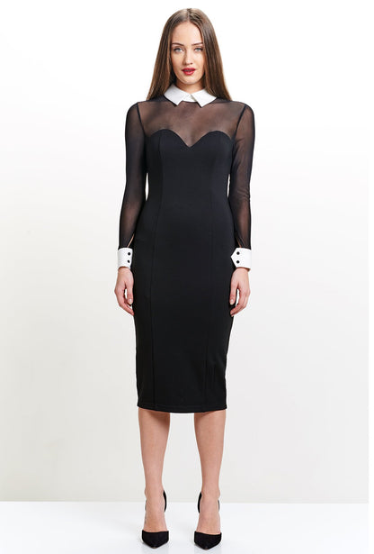Tuxedo Illusion Sheath Dress - Long Sleeve Midi Dress, Black &amp; White