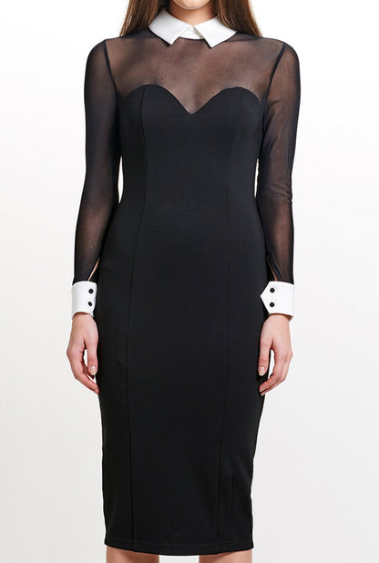 Tuxedo Illusion Sheath Dress - Long Sleeve Midi Dress, Black &amp; White