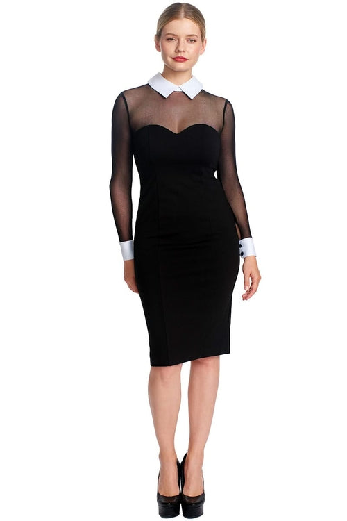 Tuxedo Illusion Sheath Dress - Long Sleeve Midi Dress, Black &amp; White