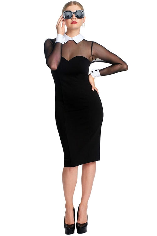 Tuxedo Illusion Sheath Dress - Long Sleeve Midi Dress, Black &amp; White