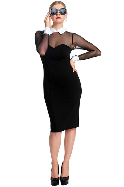 Tuxedo Illusion Sheath Dress - Long Sleeve Midi Dress, Black &amp; White